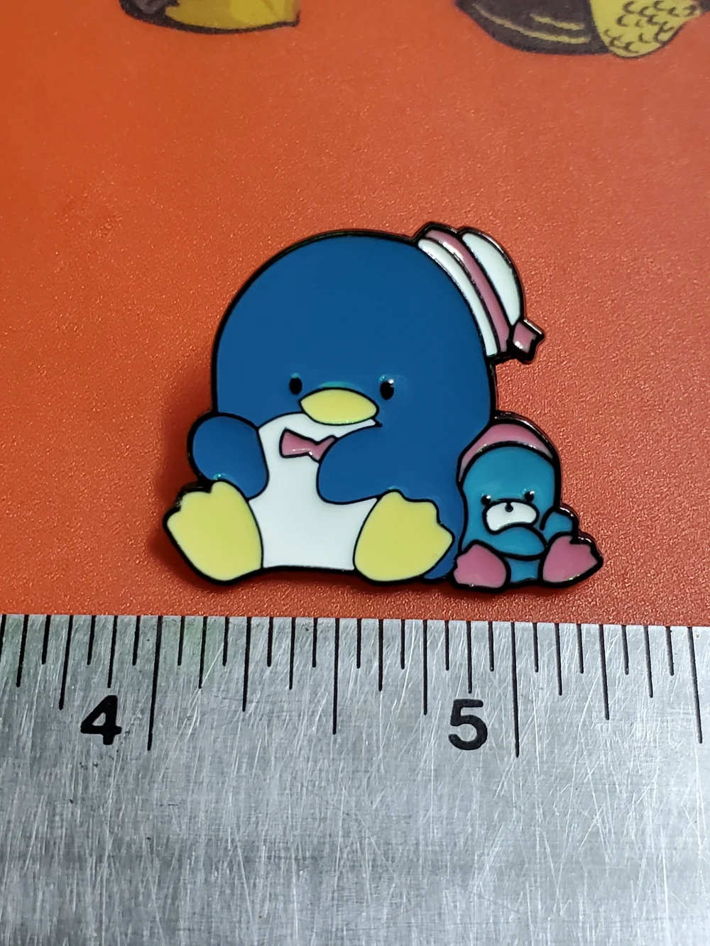 Cute Blue Penguin Enamel Brooch - Pink & Yellow Accents